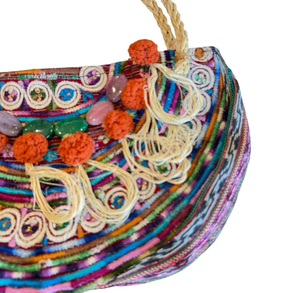 Boho Shoulder Bag Beads Rope Handles Colorful Embroidered Indie Hippie Festival - Picture 2 of 6